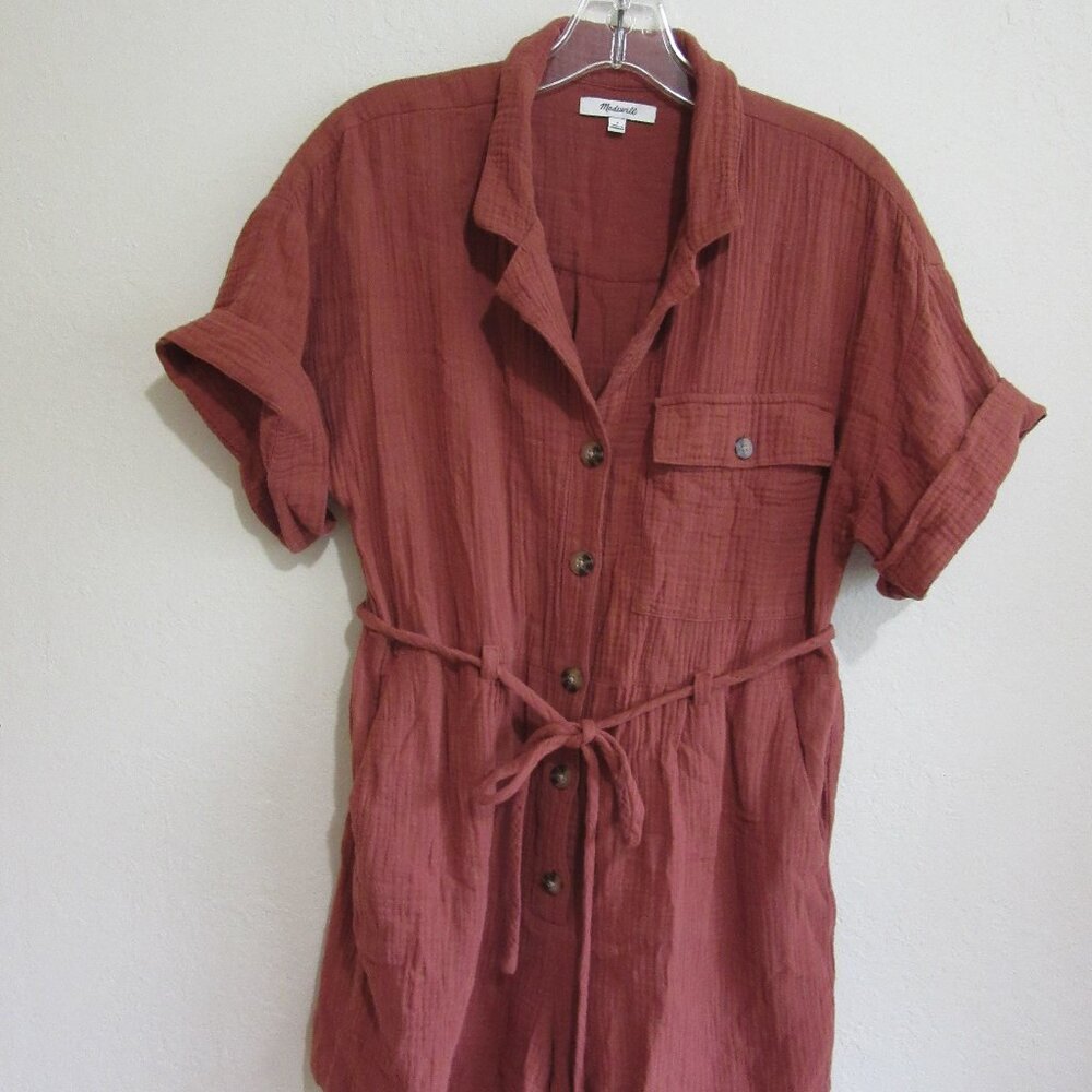 MADEWELL Lightspun Weathered Brick Pockets Button Closure S Belted Romper